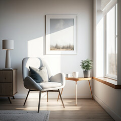 Canvas Print - Chair with lamp in living room interior, 3D render. Generative AI