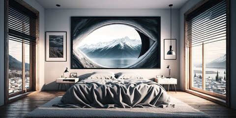 Canvas Print - Modern open-plan bedroom, large windows, 3d render, generative ai