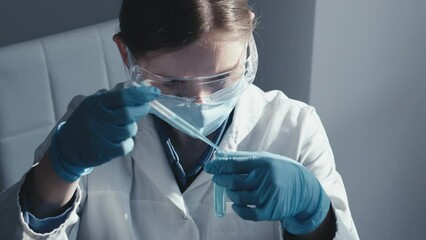 Wall Mural - Medical research laboratory. A scientist works with a pipette and a test tube. Scientific laboratory of biotechnology, development of medicine and research in chemistry, biochemistry and experiments.