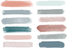 Set Of Different Paint Brush Strokes In Pastel Colors. Artistic Design Elements, Grungy And Watercolor Background Vector Illustration