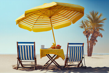 Two beach chairs and table under the parasol, on tropical beach shore. Summer holiday, vacation background