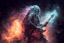 Rock Guitarist Plays Music With Fire And Smoke, Musician Performs At Concert, Generative AI.