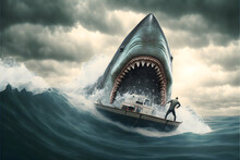 Shark Attacks Man On Boat In Sea, Open Mouth With Great Teeth, Illustration, Generative AI.