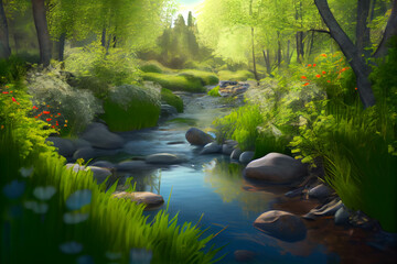 Poster - a flowing stream, surrounded by lush green trees and blooming flowers. Generative AI technology.