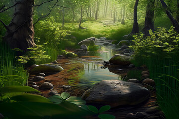 Poster - a flowing stream, surrounded by lush green trees and blooming flowers. Generative AI technology.