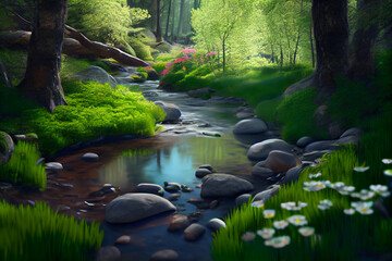 Poster - flowing stream, surrounded by lush green trees and blooming flowers. Generative AI technology.