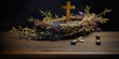 The crown of thorns of Jesus with cross on old wood background. Easter concept. Banner. Generated AI.