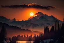 Sunset Over Alps Mountains, Epic Sun Scene, Generative Ai