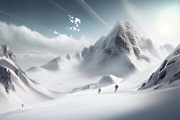 Poster - A photograph of a snow-covered mountain, with skiers or snowboarders in the distance, conveying a sense of adventure and excitement. Generative AI technology	
