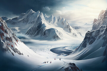 Poster - A photograph of a snow-covered mountain, with skiers or snowboarders in the distance, conveying a sense of adventure and excitement. Generative AI technology	
