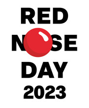 International Red Nose Day (Comic Relief) 2023 Typography With Red Arrow Button. Icons For Web And Mobile. Easy-peasy Dot Element. Red Circle Vector Graphic Resources. White Background. Black Icon