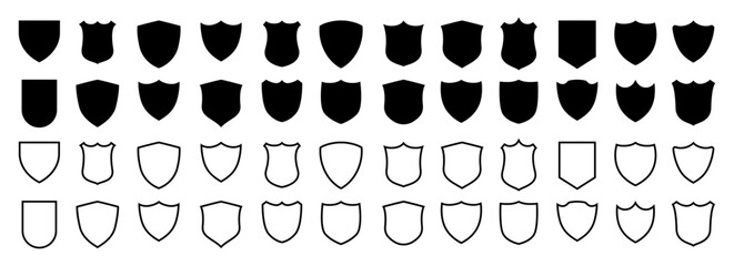 Poster - Shields set. Collection of security shield icons with contours and linear signs. Design elements for concept of safety and protection. Vector illustration 10 eps.