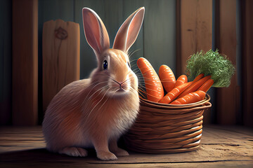 Poster - A playful cartoon or illustration of the Easter Bunny, often portrayed with a basket of eggs or carrots. Generative AI technology.