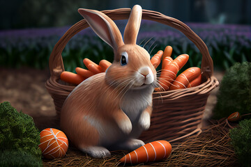 Poster - A playful cartoon or illustration of the Easter Bunny, often portrayed with a basket of eggs or carrots. Generative AI technology.