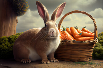 Poster - A playful cartoon or illustration of the Easter Bunny, often portrayed with a basket of eggs or carrots. Generative AI technology.