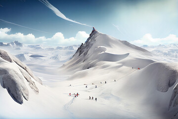 Poster - A photograph of a snow-covered mountain, with skiers or snowboarders in the distance, conveying a sense of adventure and excitement. Generative AI technology	