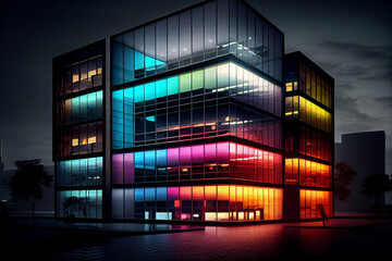 Poster - modern office building at night, with the exterior illuminated by colorful lights and accent features, creating a striking and memorable impression. Generative AI technology.