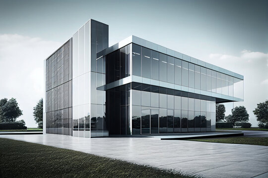 architectural rendering of a sleek and modern office building, with a minimalist design and glass ex