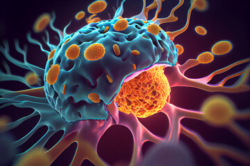 Fototapete - Depicting cancerous cells invading and attacking healthy brain tissue, showing the destructive nature of brain cancer.  Generative AI technology.