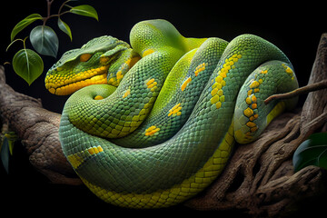 Aufkleber - green tree python curled up on a branch, with its distinctive green and yellow scales on display. Generative AI technology
