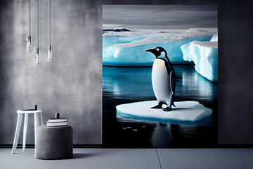 Poster -  penguin standing on an ice floe, its black and white feathers contrasting against the icy blue water. The background is a vast landscape of snow and ice, Generative AI technology