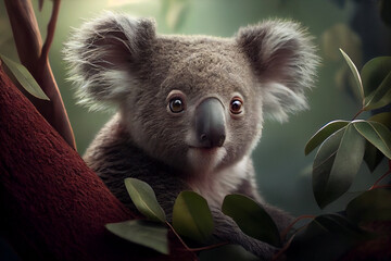 Poster - Koala perched on a eucalyptus tree, its fluffy ears and big nose easily recognizable, with the lush greenery of the Australian bush in the background. Generative AI technology.