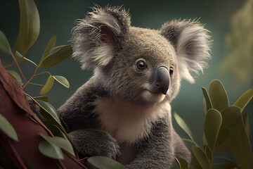 Poster - Koala perched on a eucalyptus tree, its fluffy ears and big nose easily recognizable, with the lush greenery of the Australian bush in the background. Generative AI technology.