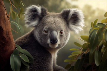 Poster - Koala perched on a eucalyptus tree, its fluffy ears and big nose easily recognizable, with the lush greenery of the Australian bush in the background. Generative AI technology.