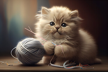 Wall Mural - A fluffy kitten playing with a ball of yarn. Generative AI technology.