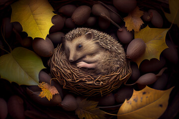 Poster - A picture of a tiny, baby hedgehog curled up in a ball and sleeping on a bed of leaves. Generative AI technology.