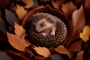 Poster - A picture of a tiny, baby hedgehog curled up in a ball and sleeping on a bed of leaves. Generative AI technology.