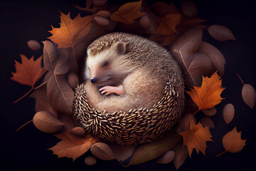 Poster - A picture of a tiny, baby hedgehog curled up in a ball and sleeping on a bed of leaves. Generative AI technology.