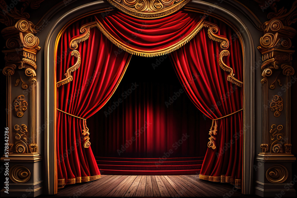 In a grand theater, red curtains adorn both the stage and doorway, with ...