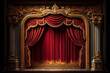 Within the theater, scarlet curtains grace both stage and surroundings, complemented by opulent gold trim. Seats adorned in gold offer luxury seating, while a golden-framed doorway, draped in red