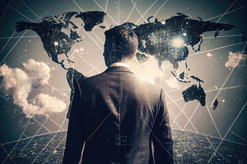 Wall Mural - Rear view of a businessman looking at a network sketch and the Earth in the sky. 