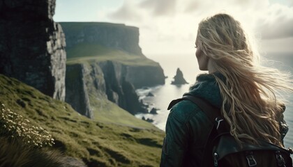 Wall Mural - woman hiking cliff, travel concept, generative ai