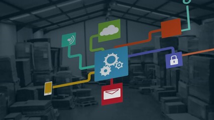 Poster - Animation of network with icons and cloud and data processing over warehouse