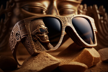 Wall Mural - Shades of the Gods: AI-Generated Ad for Hand-Carved Wooden Sunglasses with reflective Teal Lenses Surreal Placement 
