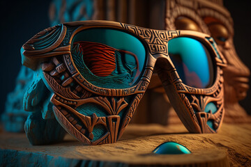 Sticker - Shades of the Gods: AI-Generated Ad for Hand-Carved Wooden Sunglasses with reflective Teal Lenses Surreal Placement 
