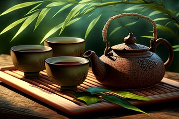 japanese tea hot teapot and teacups on bamboo mat