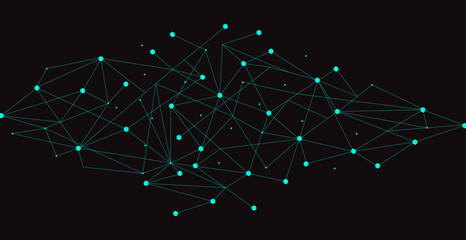 Wall Mural - Teal network. Abstract connection on black background. Network technology background with dots and lines for desktop. Ai system background. Abstract data concept. Line background, network technology