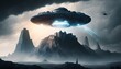 An giant alien spacecraft hovering above the ancien citadel its strange energy radiating through the air. generative AI
