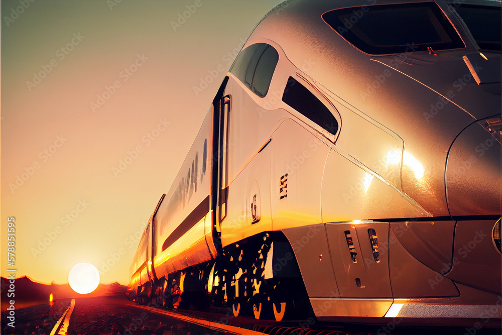 High speed train in motion at the railway station at sunset in Europe. Modern intercity train on the railway platform with motion blur effect. Industrial landscape with passenger train on railroad