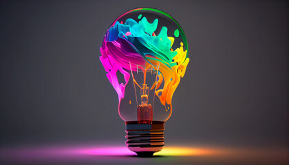 A colorful glowing 3d idea bulb lamp, isolated design element on transparent background, visualization of brainstorming, bright idea and creative thinking. Generative AI