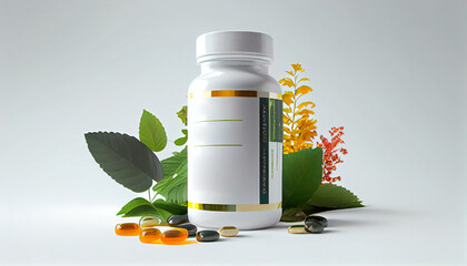 Wall Mural - Alternative medicine herbal organic capsules with vitamin E, omega 3 fish oil, minerals, and drugs with herbal leaves are natural supplements for a healthy, happy life. Generative AI