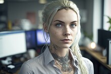 Business Woman With Tattoo At The Office - Generative AI Illustration