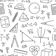 Seamless Pattern Of Mathematics Doodle. School Equipment, Maths Formulas In Sketch Style. Hand Drawn Vector Illustration