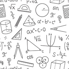 Wall Mural - Seamless pattern of Mathematics doodle. School equipment, maths formulas in sketch style. Hand drawn vector illustration