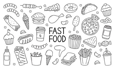 fast food doodle set. hamburger, ice cream, sandwich, hot dog, pizza in sketch style. vector illustr