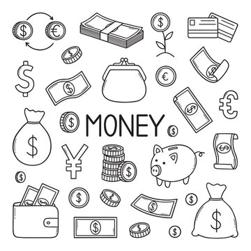 money and finance doodle set. dollar banknotes, coins, money bag in sketch style. banking related el